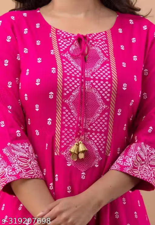Women's Rayon Printed Anarkali Kurti with Pant and Dupatta Set