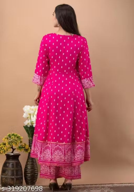 Women's Rayon Printed Anarkali Kurti with Pant and Dupatta Set