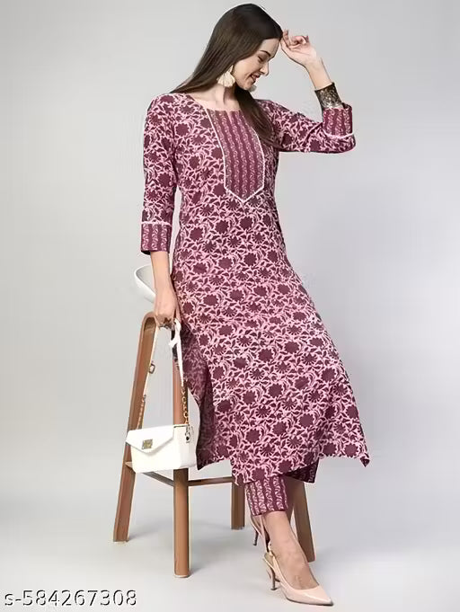 Elegant Maroon Floral Print Kurta Set for Women