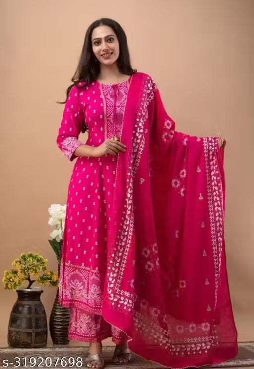 Women's Rayon Printed Anarkali Kurti with Pant and Dupatta Set