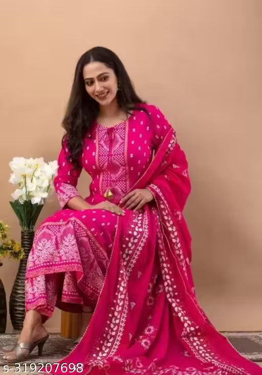 Women's Rayon Printed Anarkali Kurti with Pant and Dupatta Set